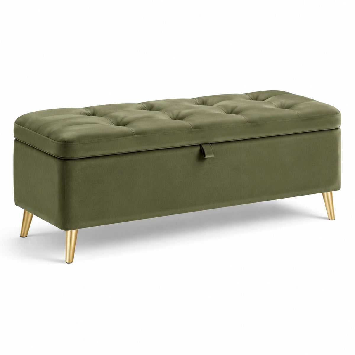 Gepolsterte Sitzbank mit Stauraum und Steppung, 110 × 40 × 45 cm, Samt in Olivgrün und Gold
