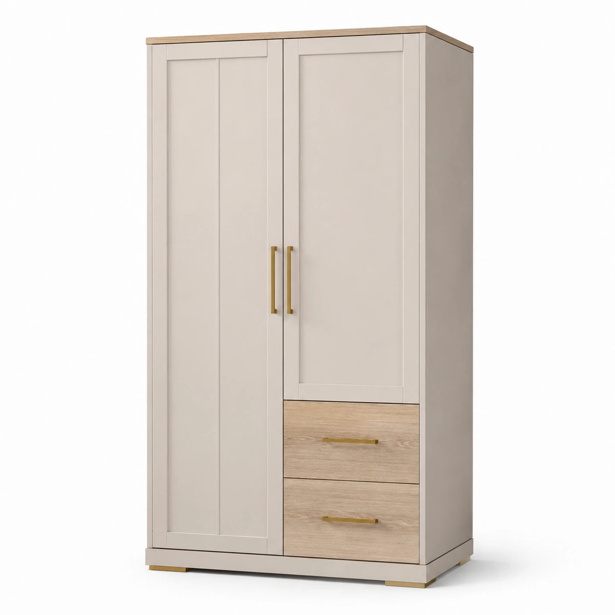 Kleiderschrank mit 2 Türen und 2 Schubladen, Greige/Hellbraun/Gold, 100 × 50 × 180 cm