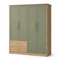Kleiderschrank mit 4 Türen und 2 Schubladen, 180 × 52 × 200 cm, Salbeigrün/Eichefarben/Gold