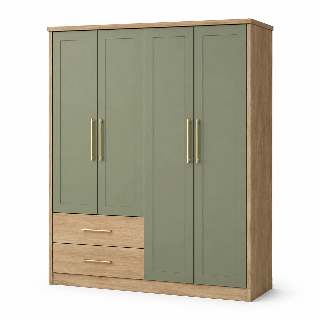Kleiderschrank mit 4 Türen und 2 Schubladen, 180 × 52 × 200 cm, Salbeigrün/Eichefarben/Gold