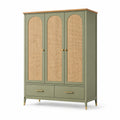 Kleiderschrank mit Rattanfronten, Grün/Natur/Goldfarben, 120 × 50 × 180 cm, 3 Türen und 2 Schubladen