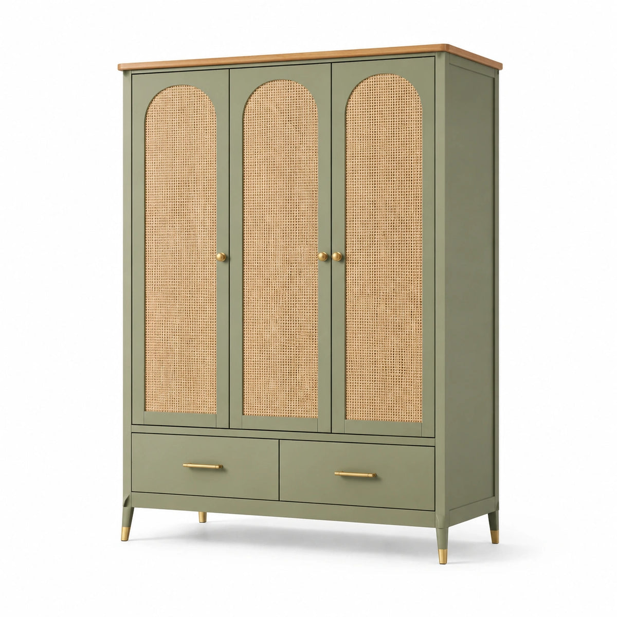 Kleiderschrank mit Rattanfronten, Grün/Natur/Goldfarben, 120 × 50 × 180 cm, 3 Türen und 2 Schubladen