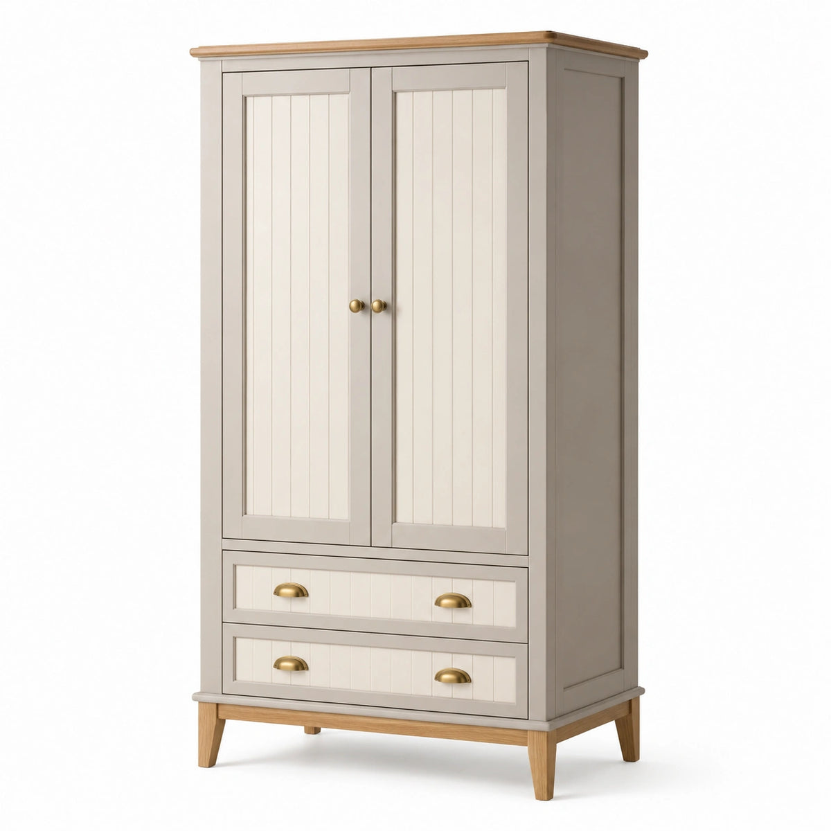 Kleiderschrank im Landhausstil mit 2 Türen und 2 Schubladen, 100 × 55 × 190 cm, Beige/Natur/Gold