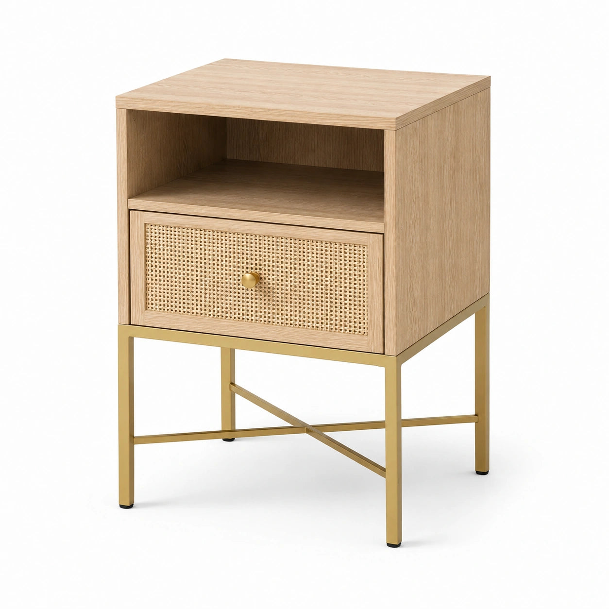 Nachttisch aus Holzwerkstoff mit Rattangeflecht, Schublade und Ablagefach, Natur/Gold, 45 × 40 × 65 cm