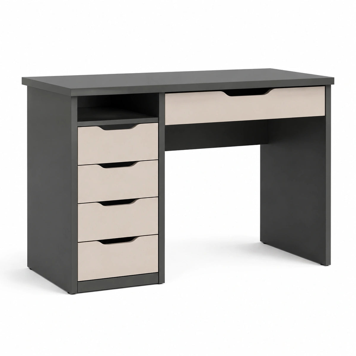 Moderner Schreibtisch aus Holzwerkstoff mit 5 Schubladen und Ablagefach, Anthrazit/Beige, 120 × 50 × 75 cm