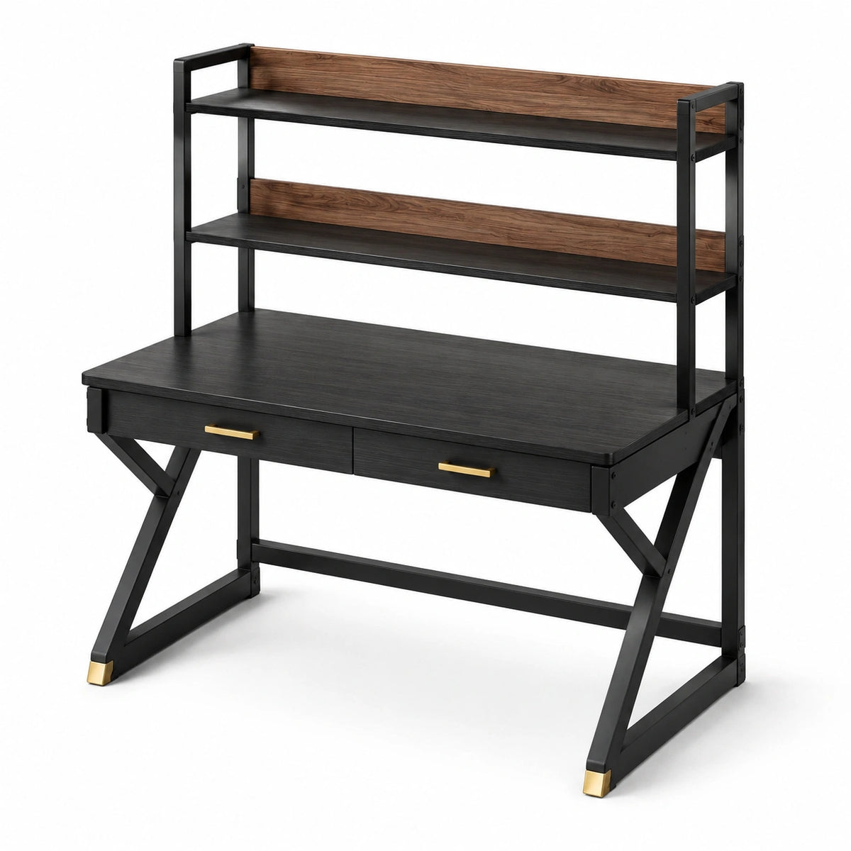 Schreibtisch mit zweistufigem Regalaufsatz und 2 Schubladen, 120 × 60 × 150 cm, Schwarz/Braun/Gold