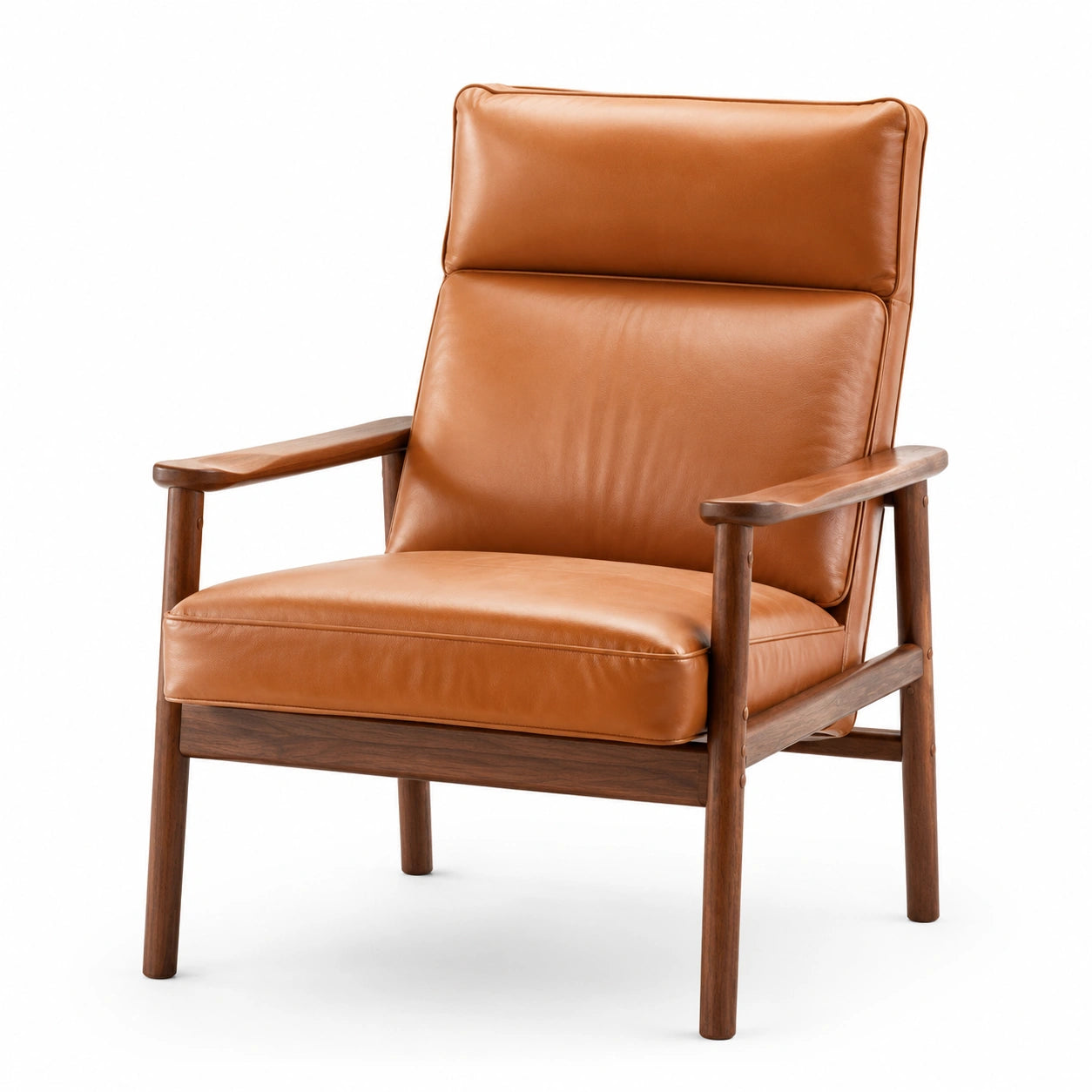 Retro-Polstersessel aus Kunstleder in Cognacbraun mit dunkelbraunem Holzgestell, 75 × 82 × 91 cm