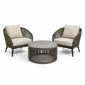3-teiliges Set mit 2 Loungesesseln und rundem Tisch – Taupe/Beige/Grau/Schwarz – Sessel 75 × 78 × 82 cm, Tisch Ø 80 × 42 cm