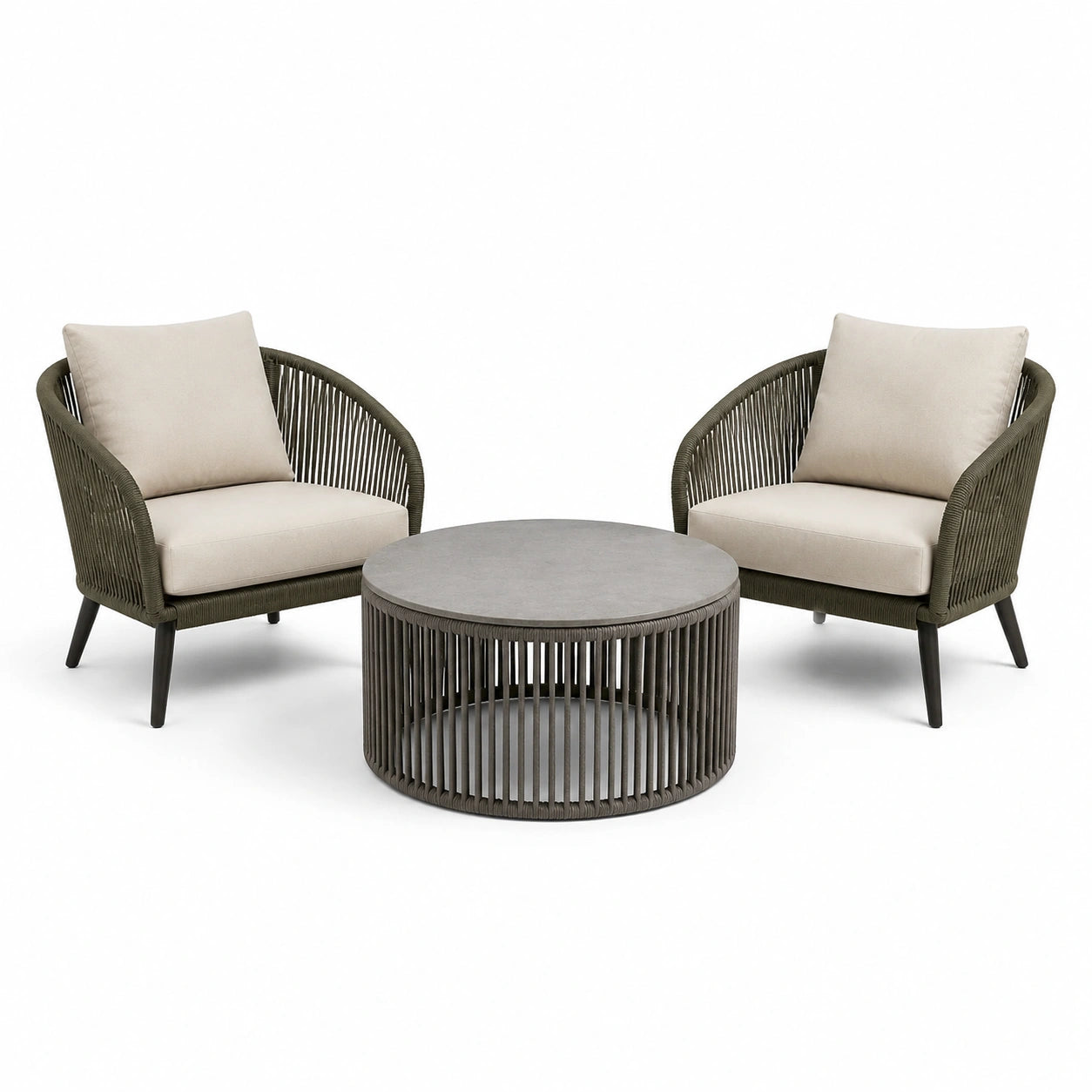 3-teiliges Set mit 2 Loungesesseln und rundem Tisch – Taupe/Beige/Grau/Schwarz – Sessel 75 × 78 × 82 cm, Tisch Ø 80 × 42 cm