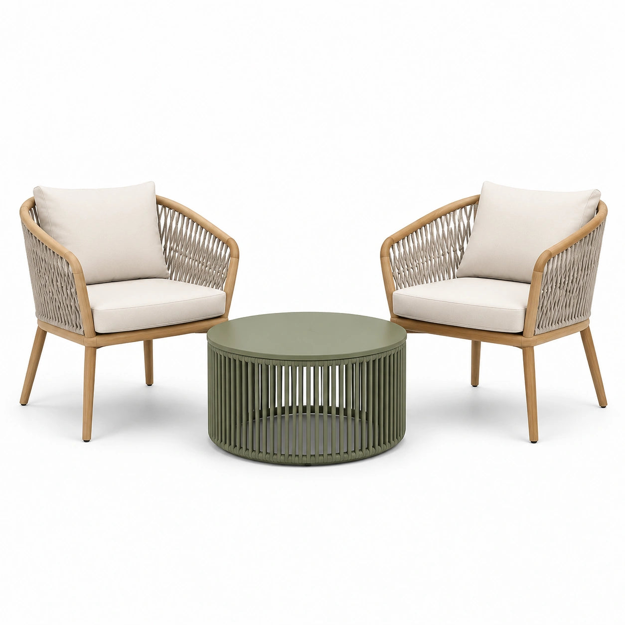 3-teiliges Set mit 2 Sesseln 76 × 78 × 82 cm und rundem Tisch Ø 70 × 42 cm – Beige, Natur, Salbeigrün und Grau