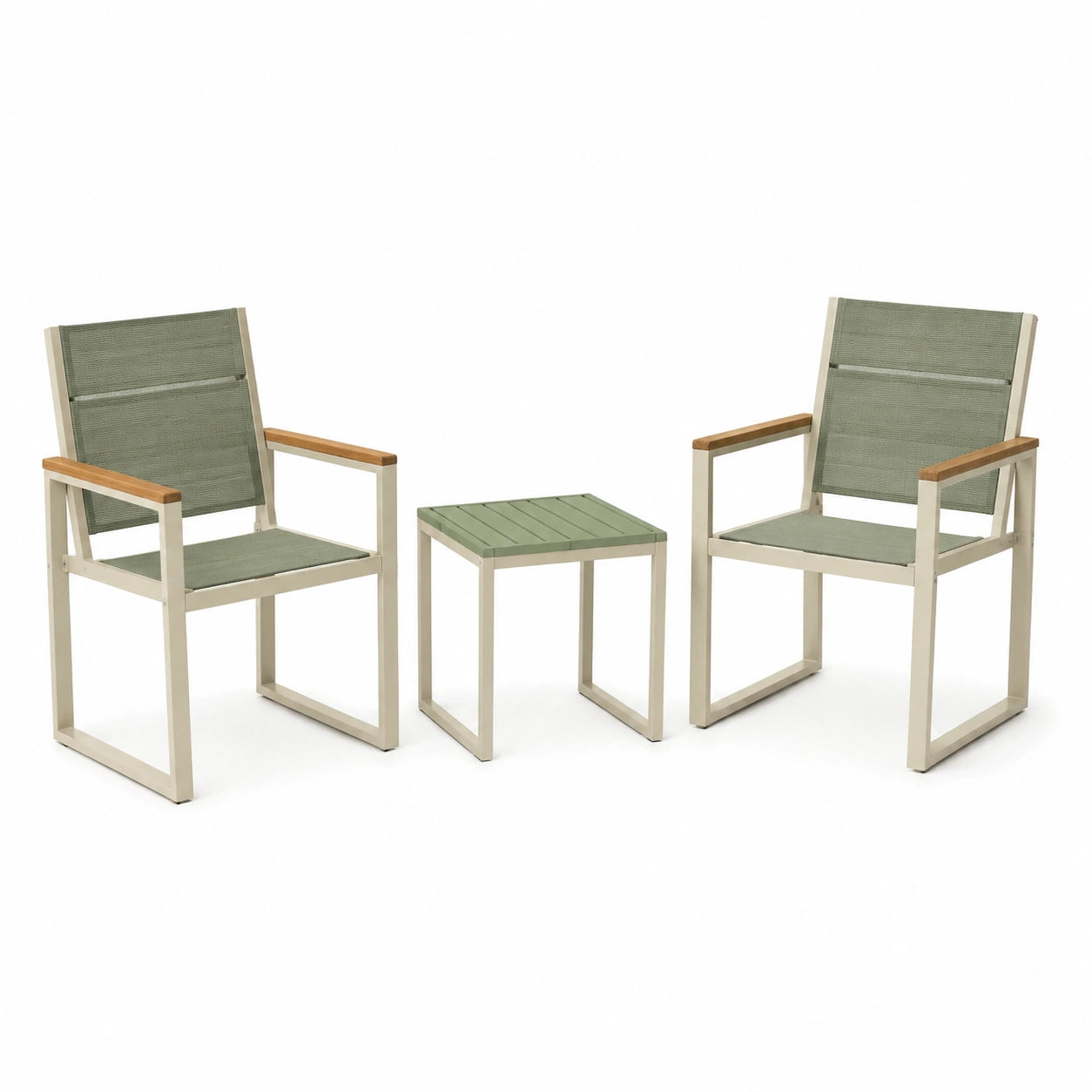 3-teiliges Gartenmöbel-Set Grün/Beige/Braun mit 2 Armlehnstühlen 57 × 61 × 88 cm und Beistelltisch 45 × 45 × 45 cm