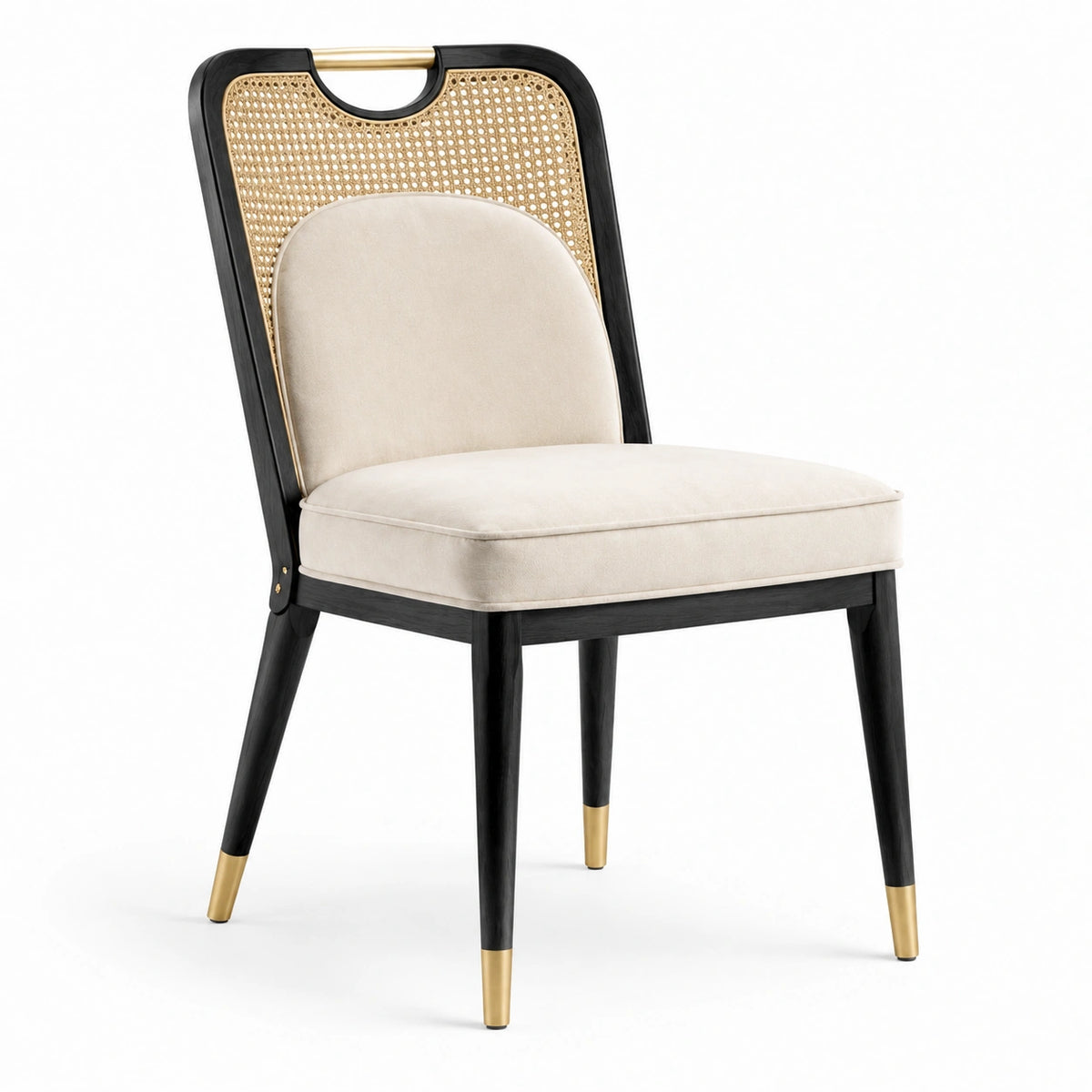 Gepolsterter Esszimmerstuhl aus Holz mit Rattangeflecht, Schwarz/Beige/Gold, 52 × 58 × 89 cm
