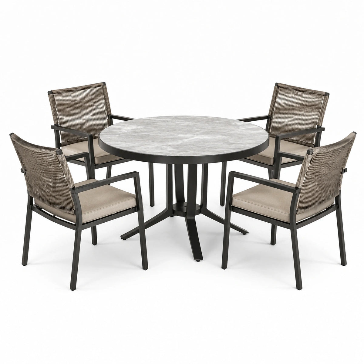 5-teiliges Gartenmöbel-Set Taupe/Schwarz/Grau – Tisch Ø 120 × 75 cm und 4 Armlehnstühle je 60 × 60 × 87 cm