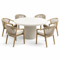 7-teiliges Essgruppen-Set mit rundem Tisch Ø 150 × H 75 cm und 6 Armlehnstühlen 60 × 62 × 82 cm, Natur/Beige/Cremeweiß
