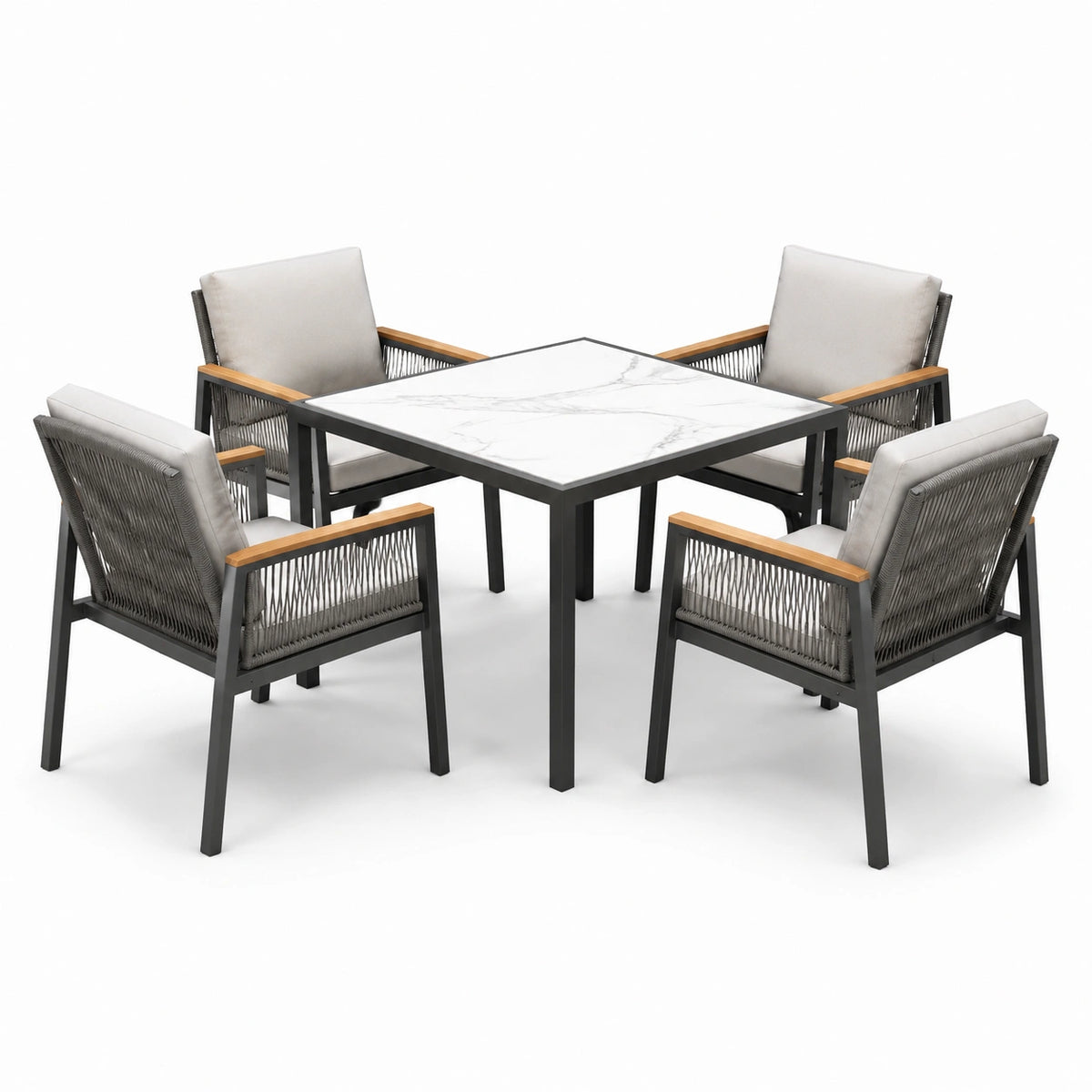 5-teilige Garten-Sitzgruppe mit Tisch 90 × 90 × 75 cm und 4 Stühlen 60 × 62 × 83 cm, Schwarz/Grau/Weiß/Braun