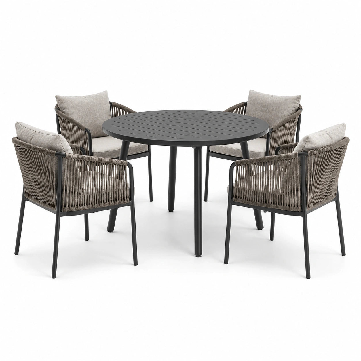 5-teiliges Gartenmöbel-Set mit rundem Tisch Ø 120 × 75 cm und 4 Armlehnstühlen 61 × 63 × 80 cm, Anthrazit/Taupe/Greige