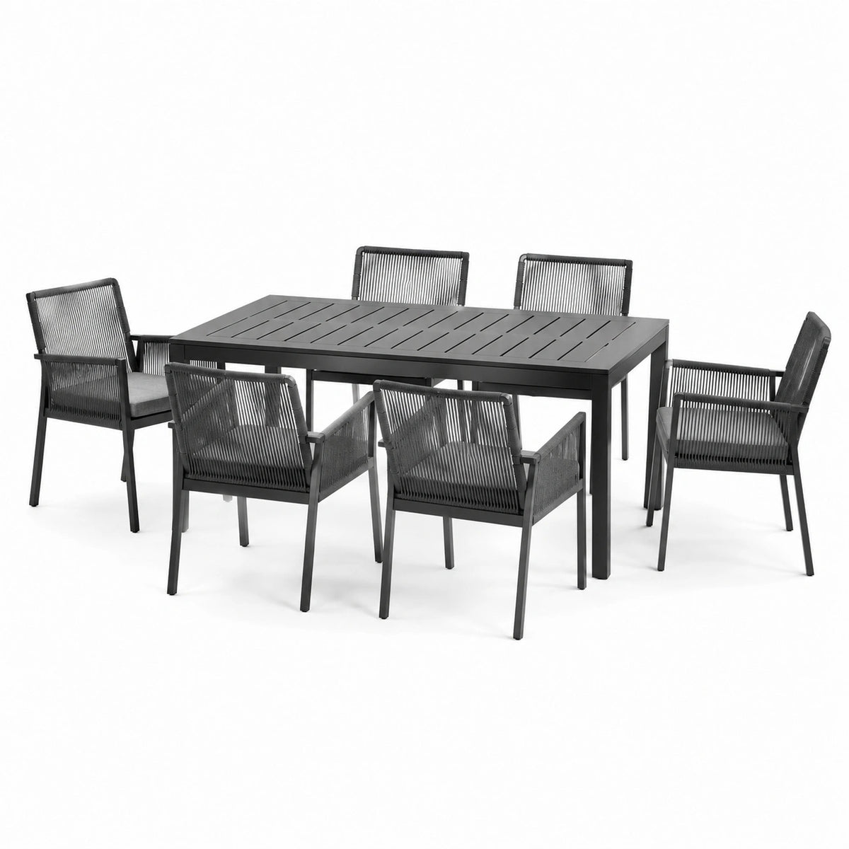 7-teiliges Gartenmöbel-Set Schwarz/Grau mit Tisch 180 × 90 × 75 cm und 6 Stühlen 58 × 62 × 88 cm