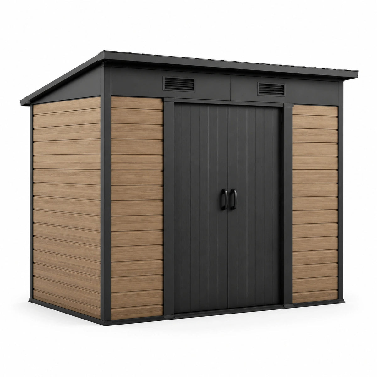 Gartenhaus aus Stahl und Kunststoff, 238 × 131 × 180 cm, Schwarz/Braun, mit Doppeltür und Belüftungsöffnungen