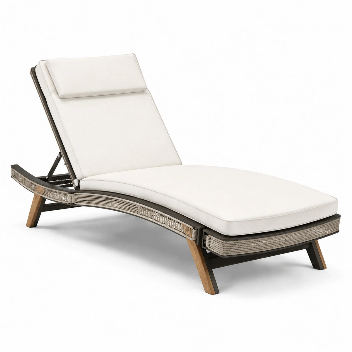 Gartenliege mit verstellbarer Rückenlehne und Polsterauflage, 200 × 72 × 90 cm, Creme/Grau/Naturbraun