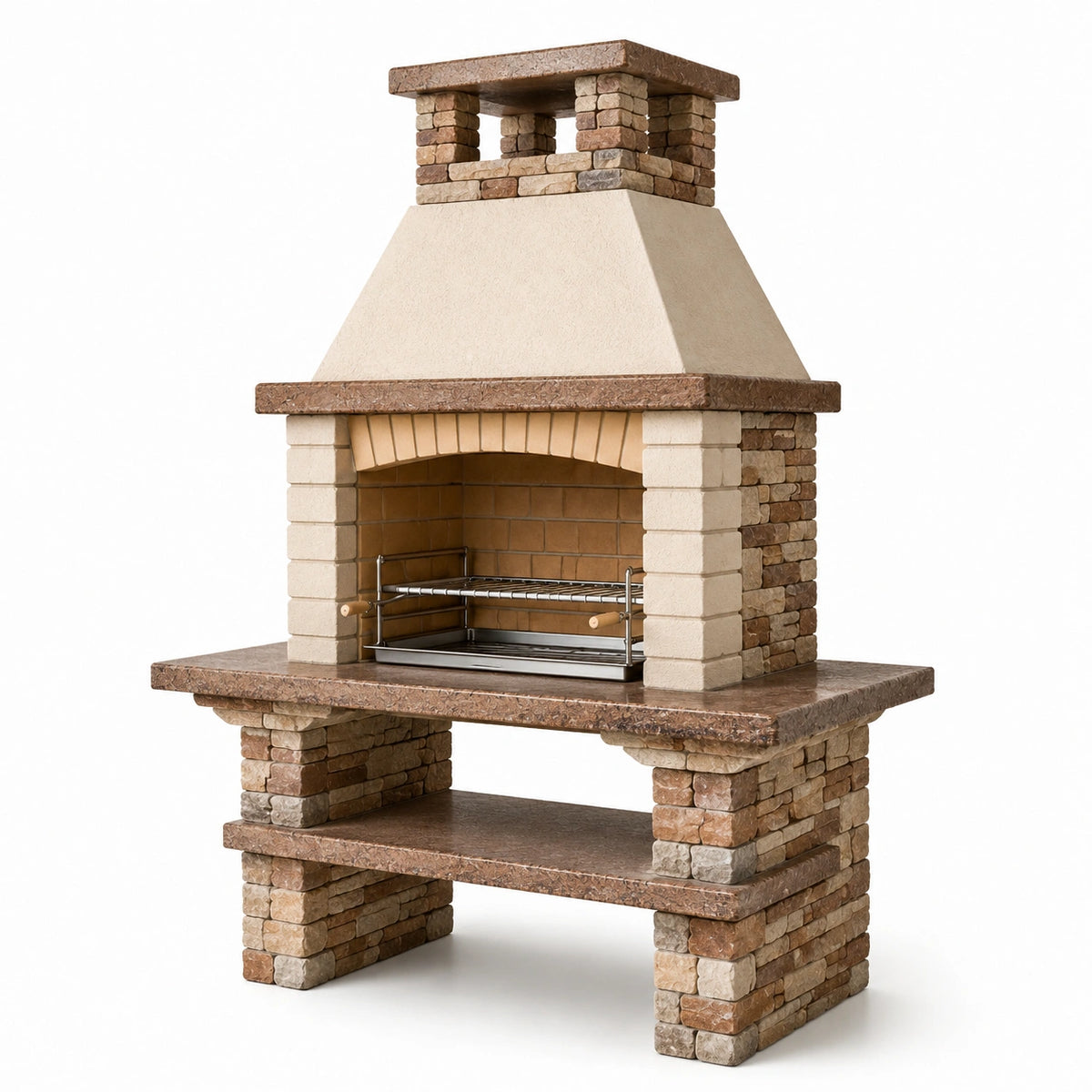 Gartengrill mit Kaminabzug aus Betonstein und Metall, Beige/Braun/Silber, 120 × 70 × 210 cm