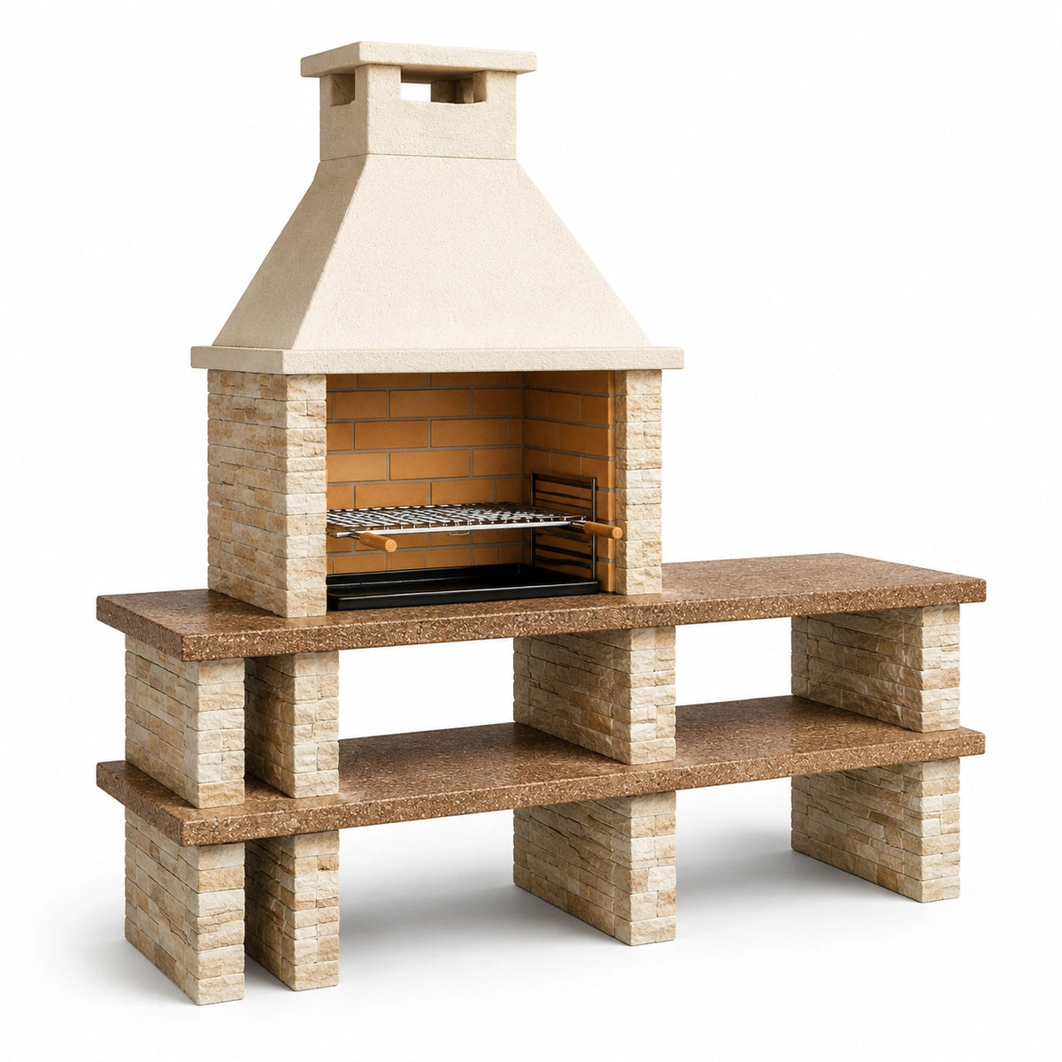 Gartengrill mit Grillkamin, Arbeitsfläche und Ablagen, 200 × 70 × 210 cm, Beige/Braun/Schwarz/Silber