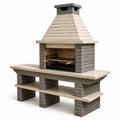 Stationärer Grillkamin aus Betonwerkstein und Stahl, 220 × 70 × 250 cm, Grau/Beige/Schwarz/Braun, mit Arbeitsflächen und Ablage