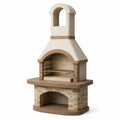 Rustikaler Gartenkamin aus mineralischem Werkstoff mit höhenverstellbarem Grillrost, Beige/Braun, 110 × 65 × 220 cm