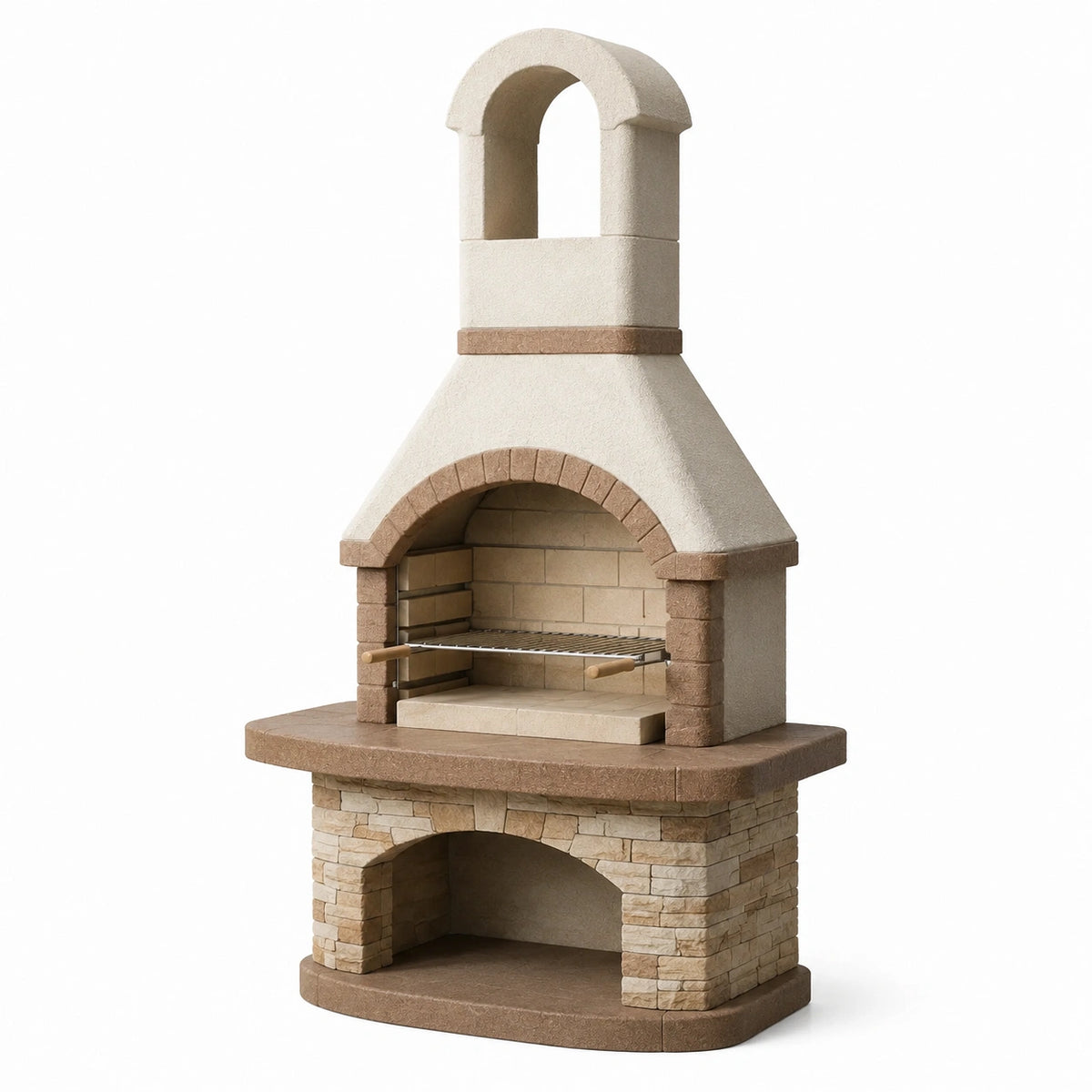 Rustikaler Gartenkamin aus mineralischem Werkstoff mit höhenverstellbarem Grillrost, Beige/Braun, 110 × 65 × 220 cm