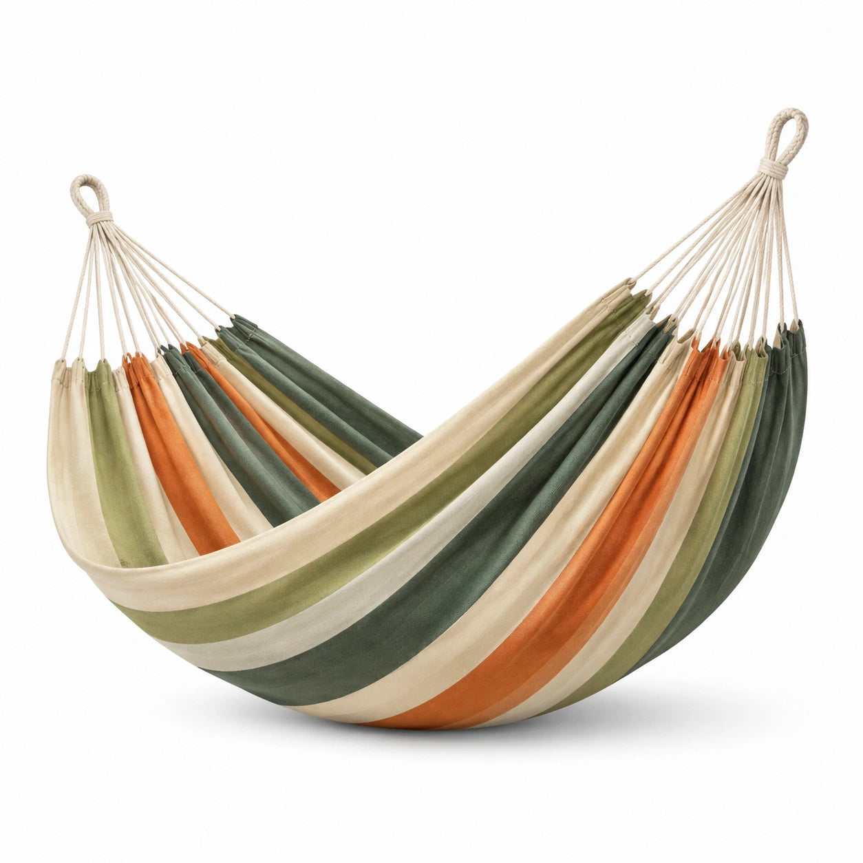 Gestreifte Hängematte aus Textilgewebe, 200 × 150 cm, Creme/Grün/Orange, für Garten, Terrasse und Balkon