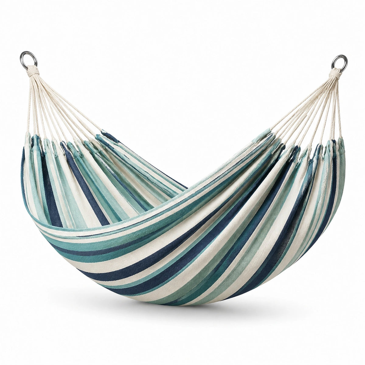 Gestreifte Hängematte aus Textilgewebe, 200 × 150 × 1 cm, Blau/Grün/Creme, faltbar