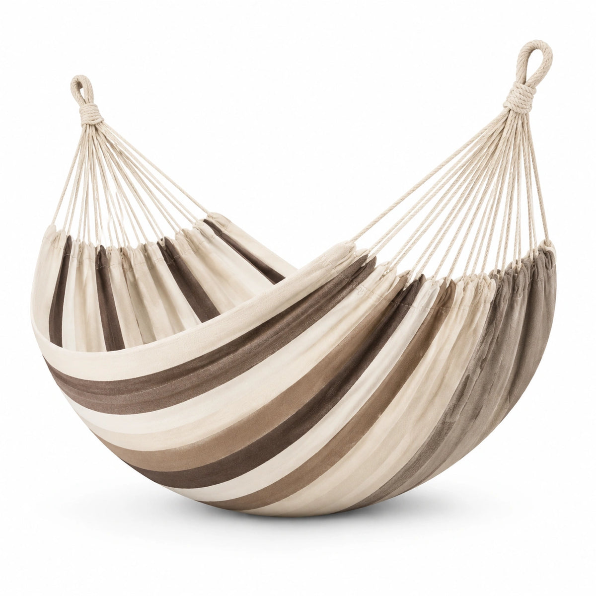 Gestreifte Hängematte aus Textilgewebe und Seil, 300 × 150 × 1 cm, Creme/Beige/Taupe/Braun